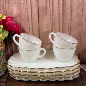 vintage Anchor Hocking milk glass snack set with gold trim